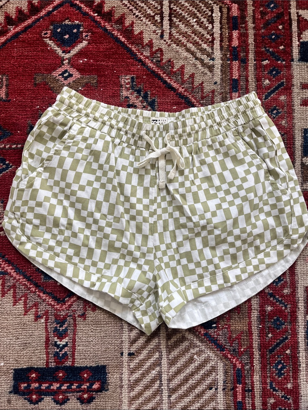 Billabong Olive and White Checkered Drawstring Shorts